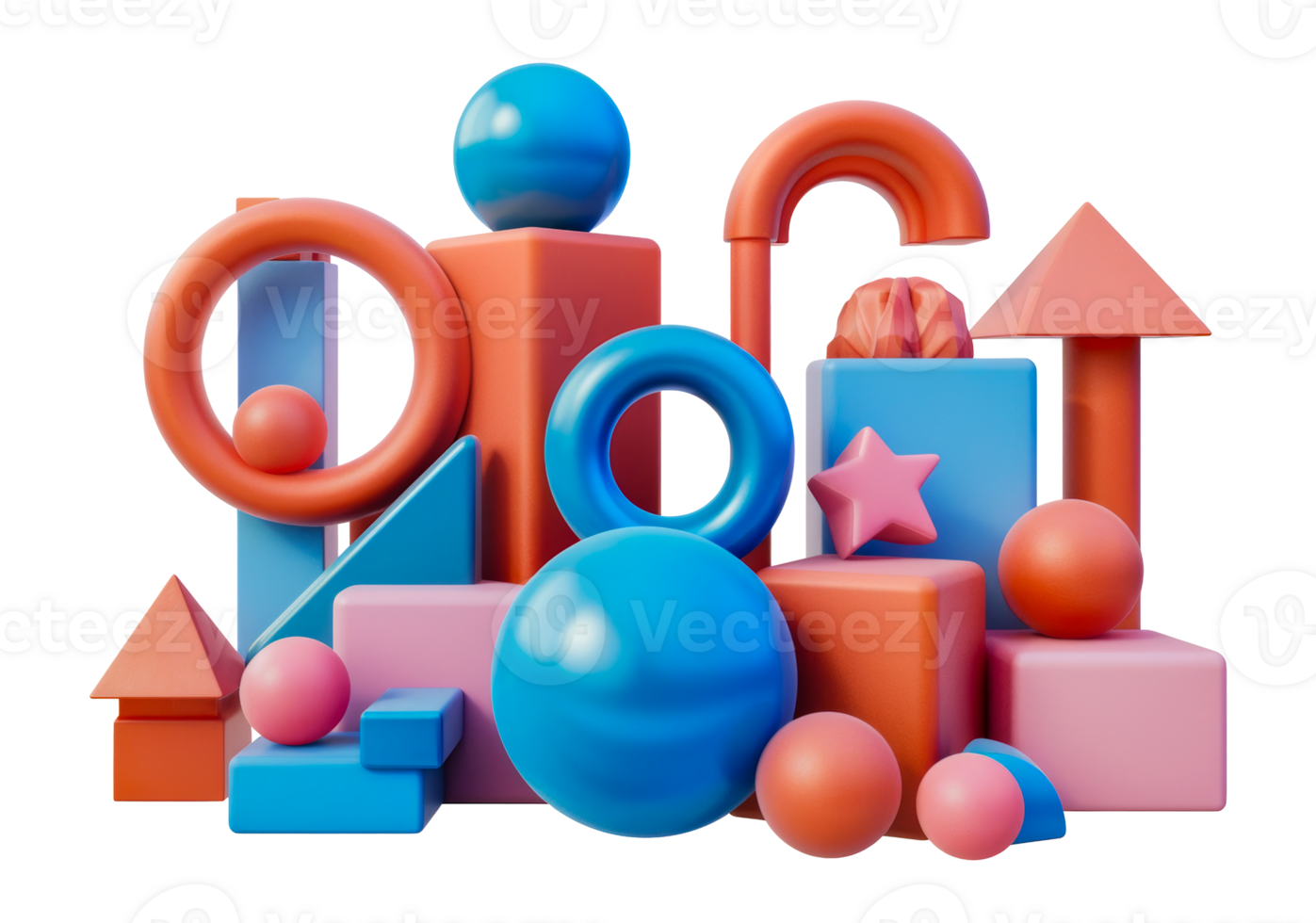Assorted shapes with bold colors in a 3D render, cut out - stock .. png