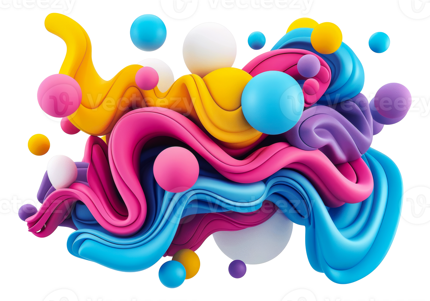 Vivid 3D waves with floating spheres, cut out - stock .. png