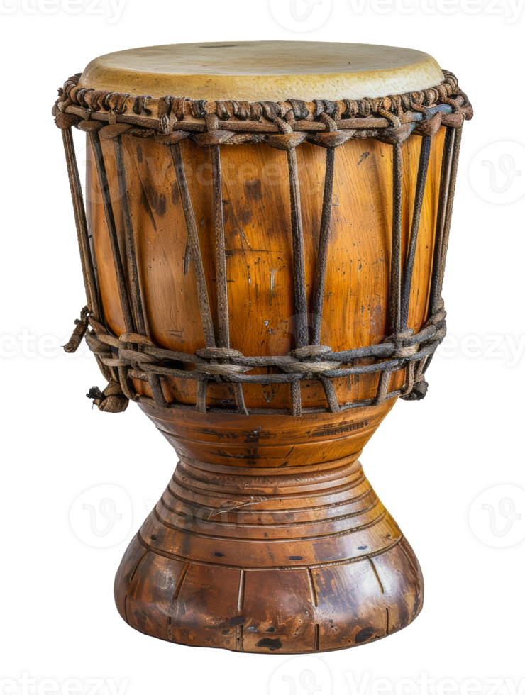 Traditional wooden djembe drum with detailed carvings, cut out - stock .. png