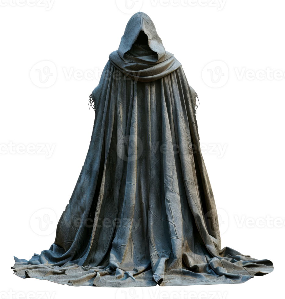 Enigmatic dark cloaked figure with ancient aura, cut out - stock .. png