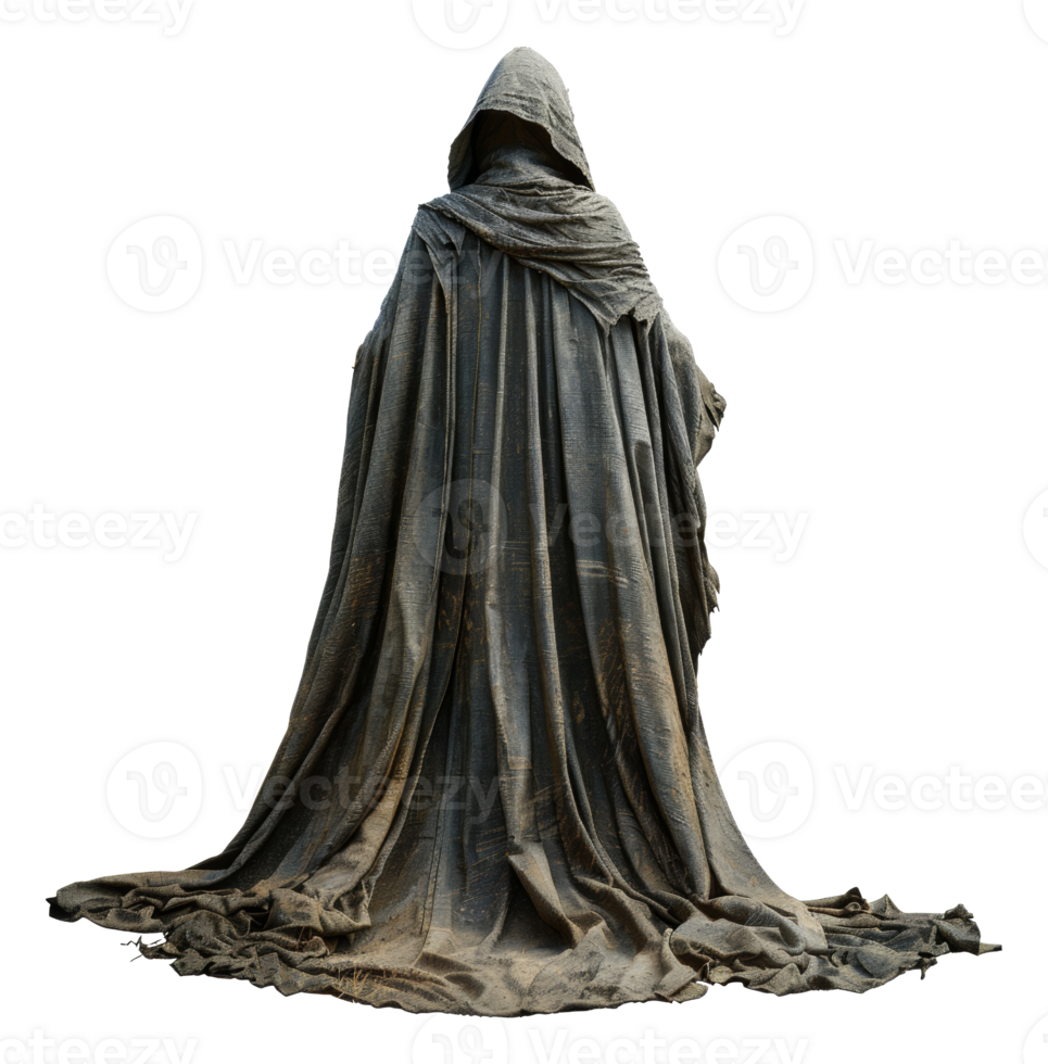 Enigmatic dark cloaked figure with ancient aura, cut out - stock .. png
