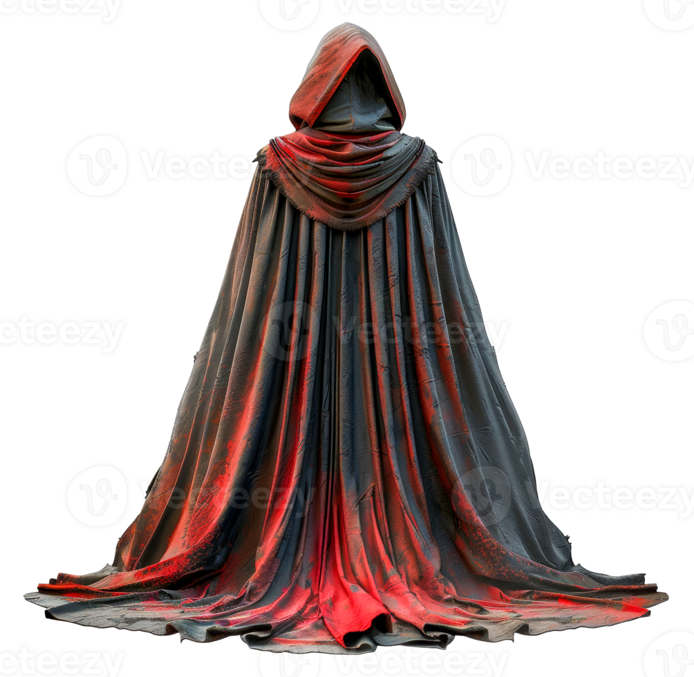 Dramatic red and black cloaked figure in darkness, cut out - stock .. png