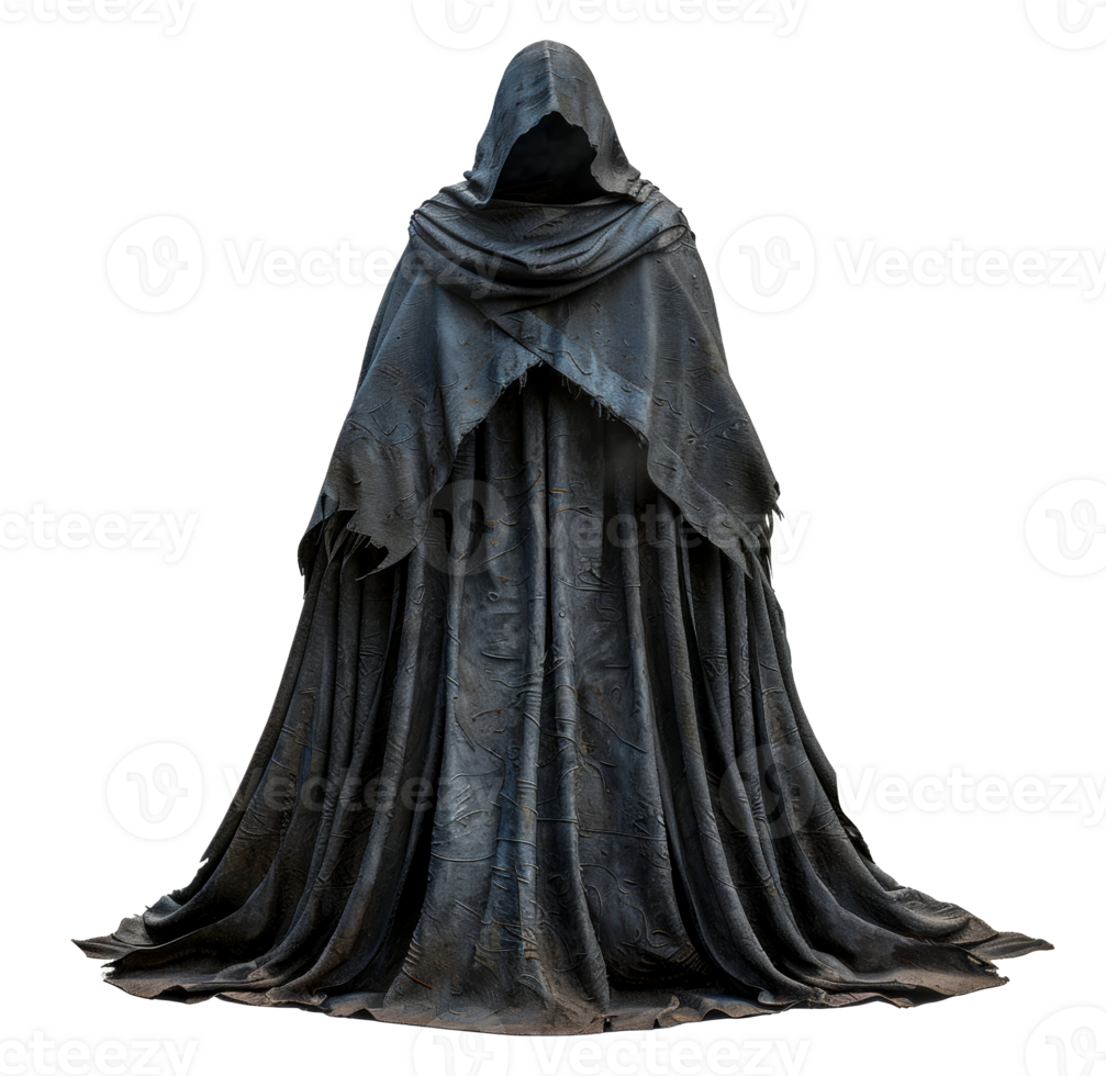 Enigmatic dark cloaked figure with ancient aura, cut out - stock .. png