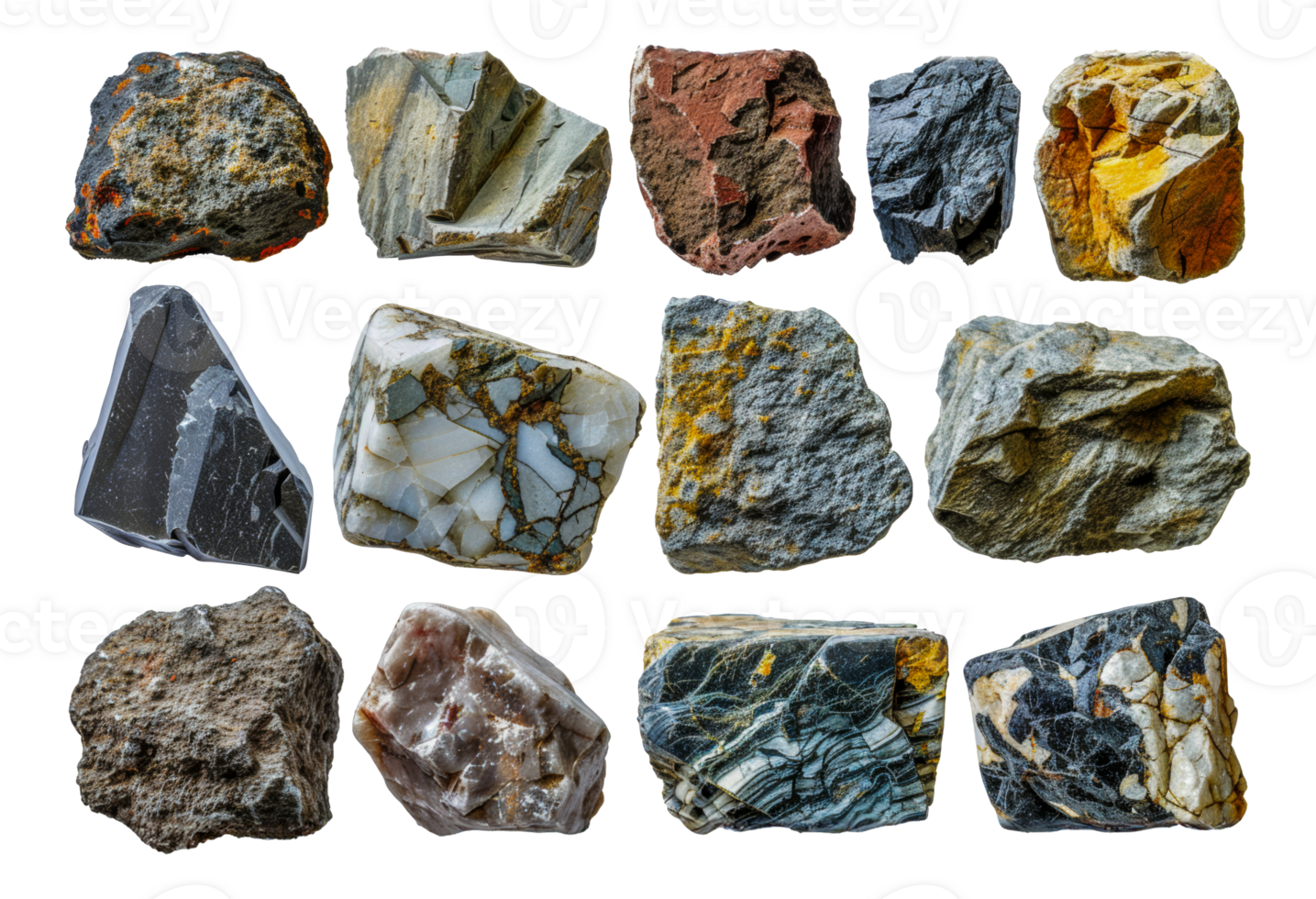 Varied collection of geological rock specimens, cut out - stock .. png