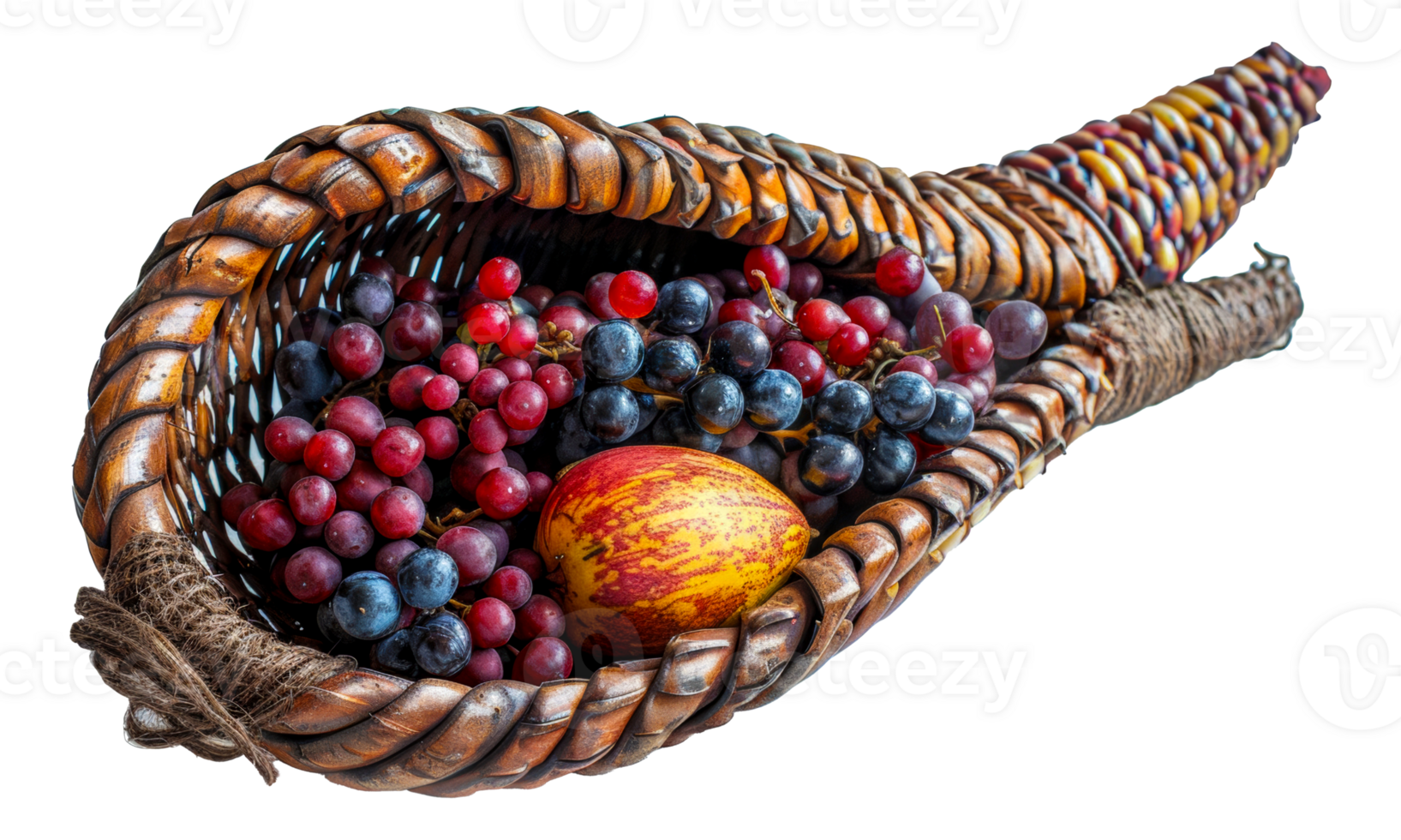 Horn of plenty overflowing with autumnal fruits, cut out - stock .. png