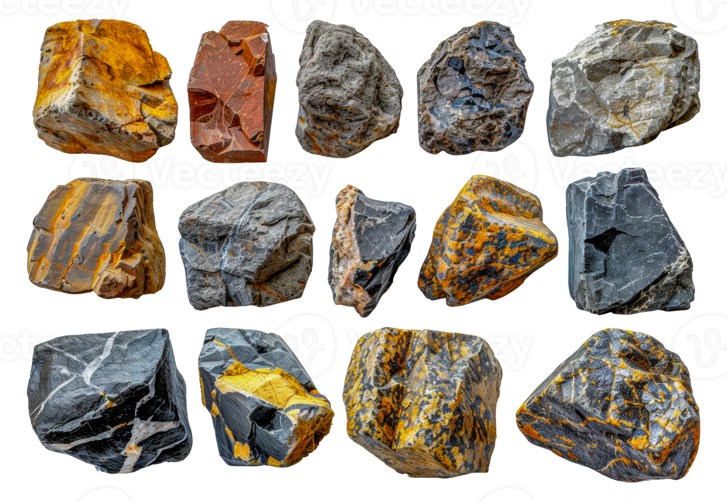 Varied collection of geological rock specimens, cut out - stock .. png