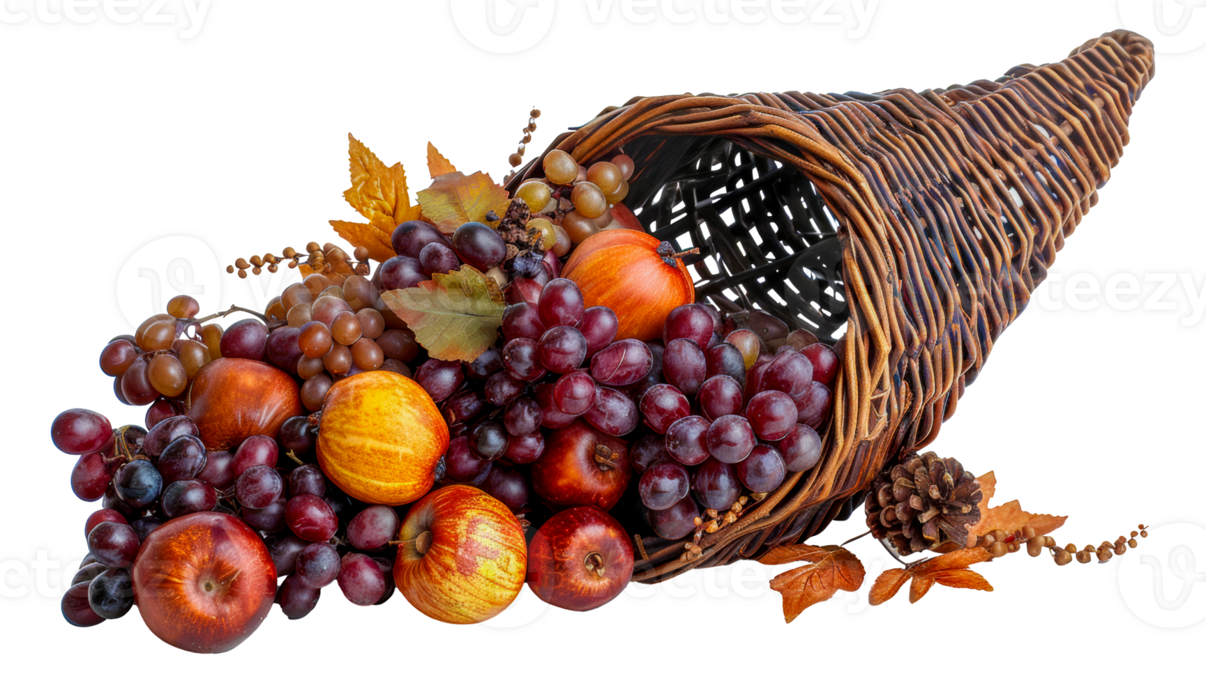 Horn of plenty overflowing with autumnal fruits, cut out - stock .. png