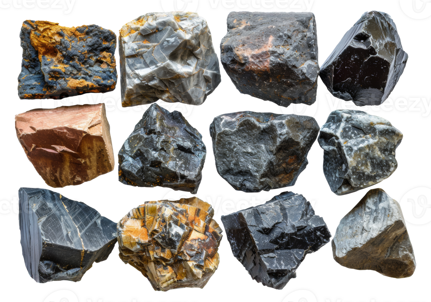 Varied collection of geological rock specimens, cut out - stock .. png