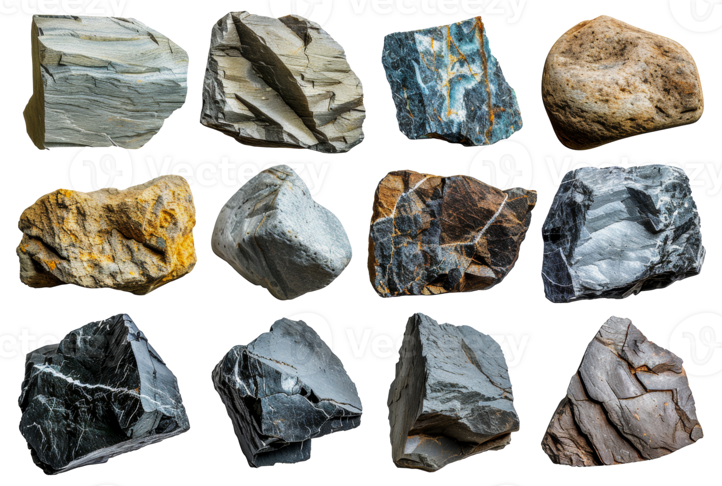Varied collection of geological rock specimens, cut out - stock .. png