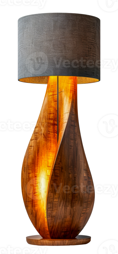 Unique wooden lamp with gray shade, cut out - stock . png