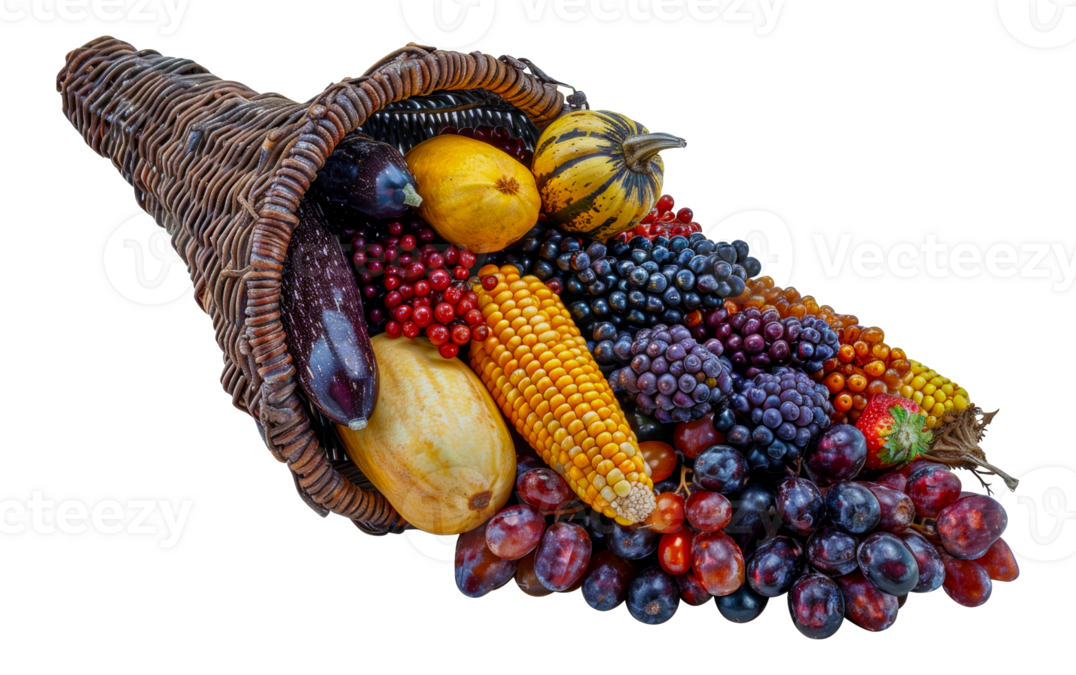 Horn of plenty overflowing with autumnal fruits, cut out stock