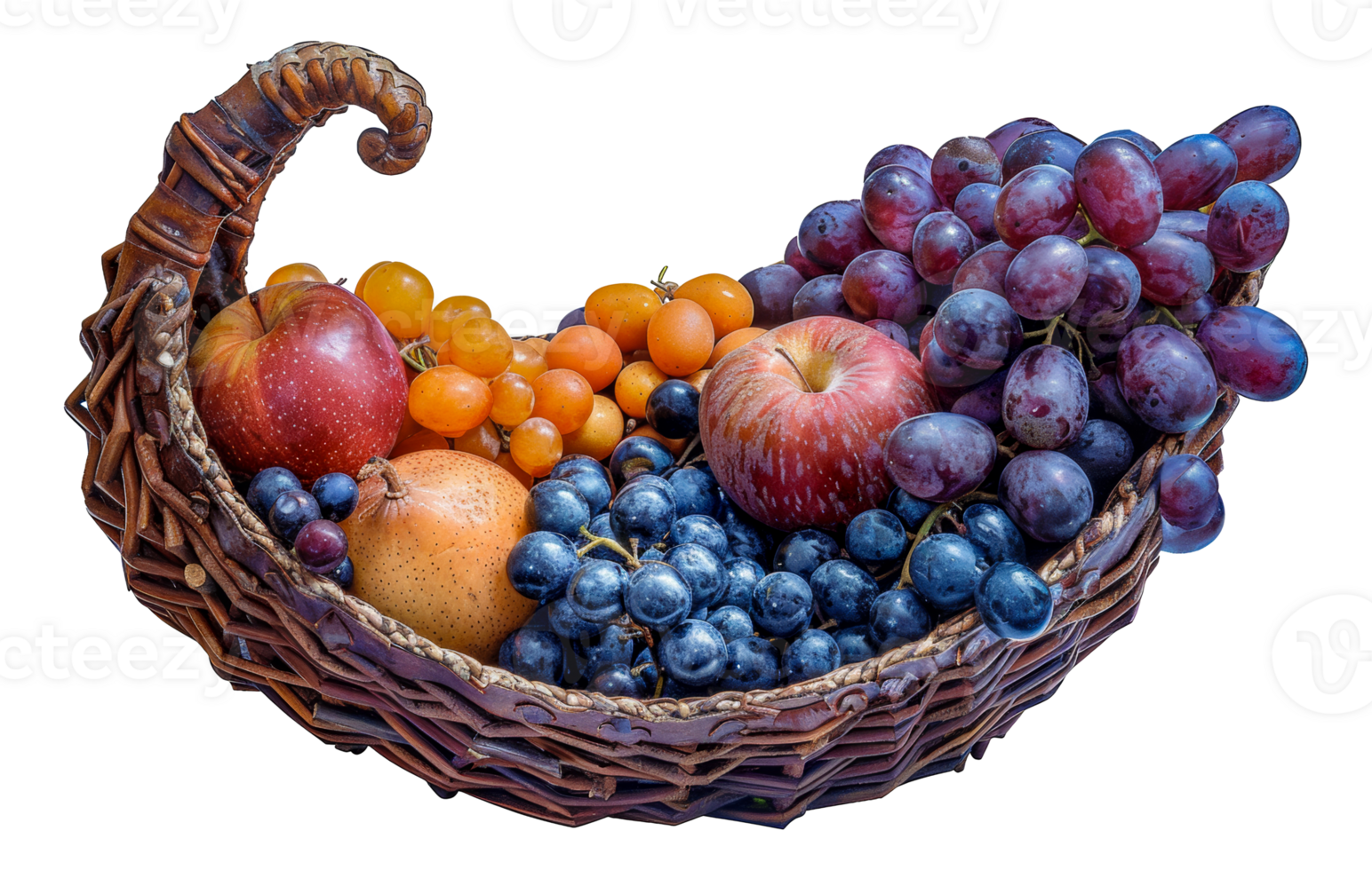 Horn of plenty overflowing with autumnal fruits, cut out - stock .. png