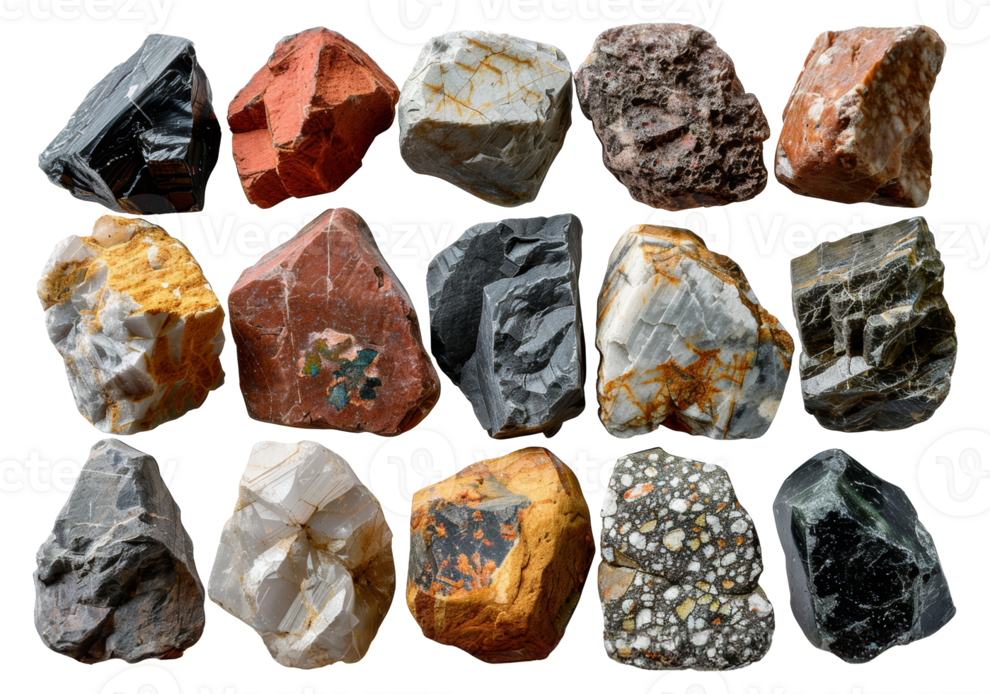 Varied collection of geological rock specimens, cut out - stock .. png