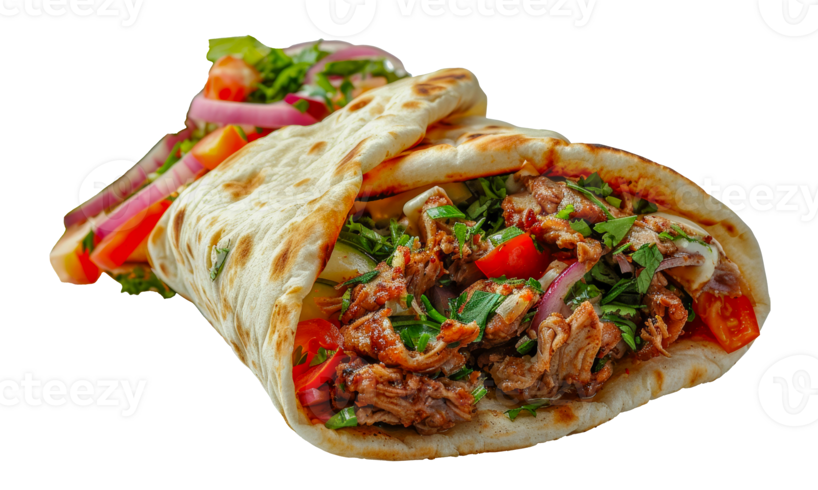 Delicious beef shawarma wrap with fresh vegetables, cut out - stock .. png