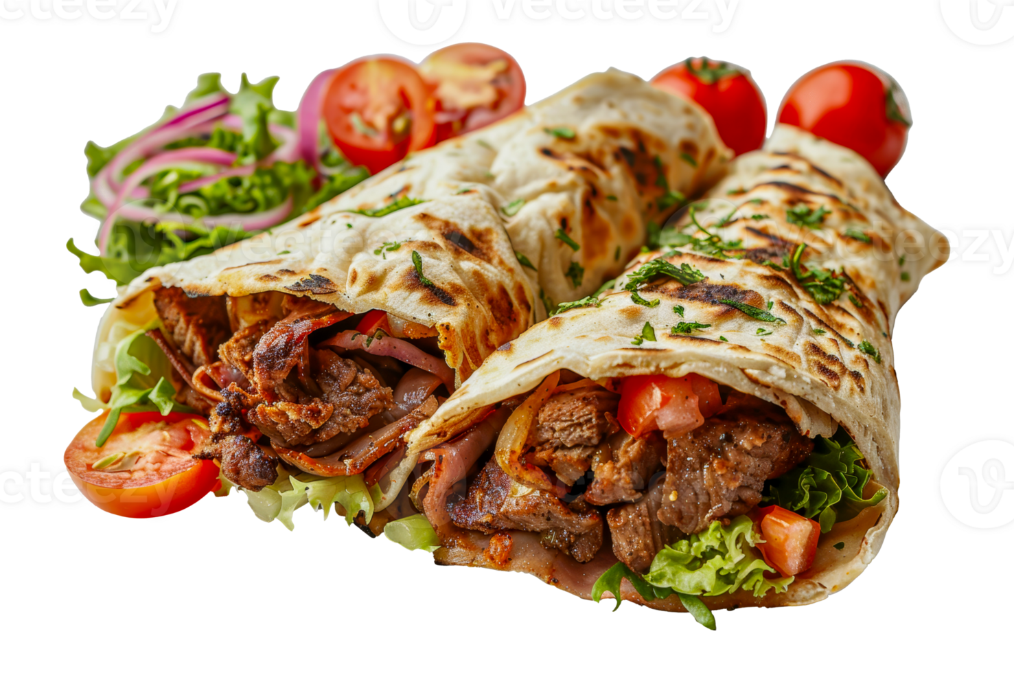Delicious beef shawarma wrap with fresh vegetables, cut out - stock .. png