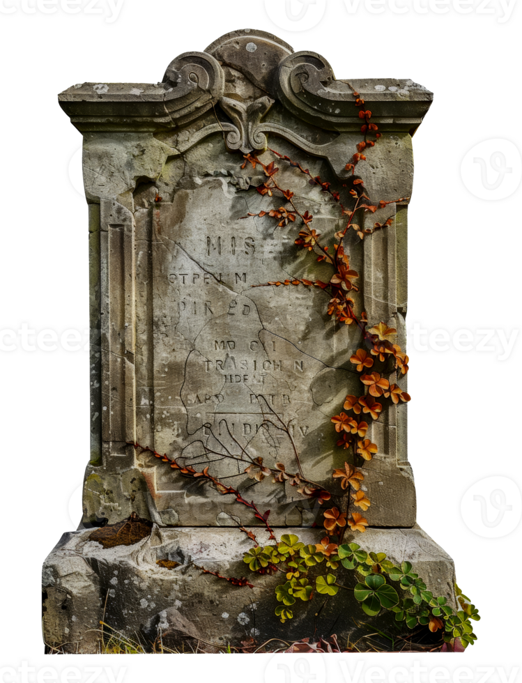 Ancient gravestone covered in ivy, cut out - stock .. png