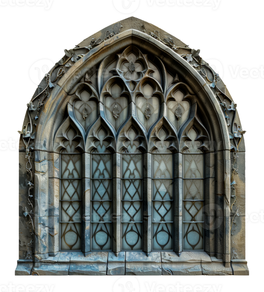 Gothic stone arch window, cut out - stock .. png