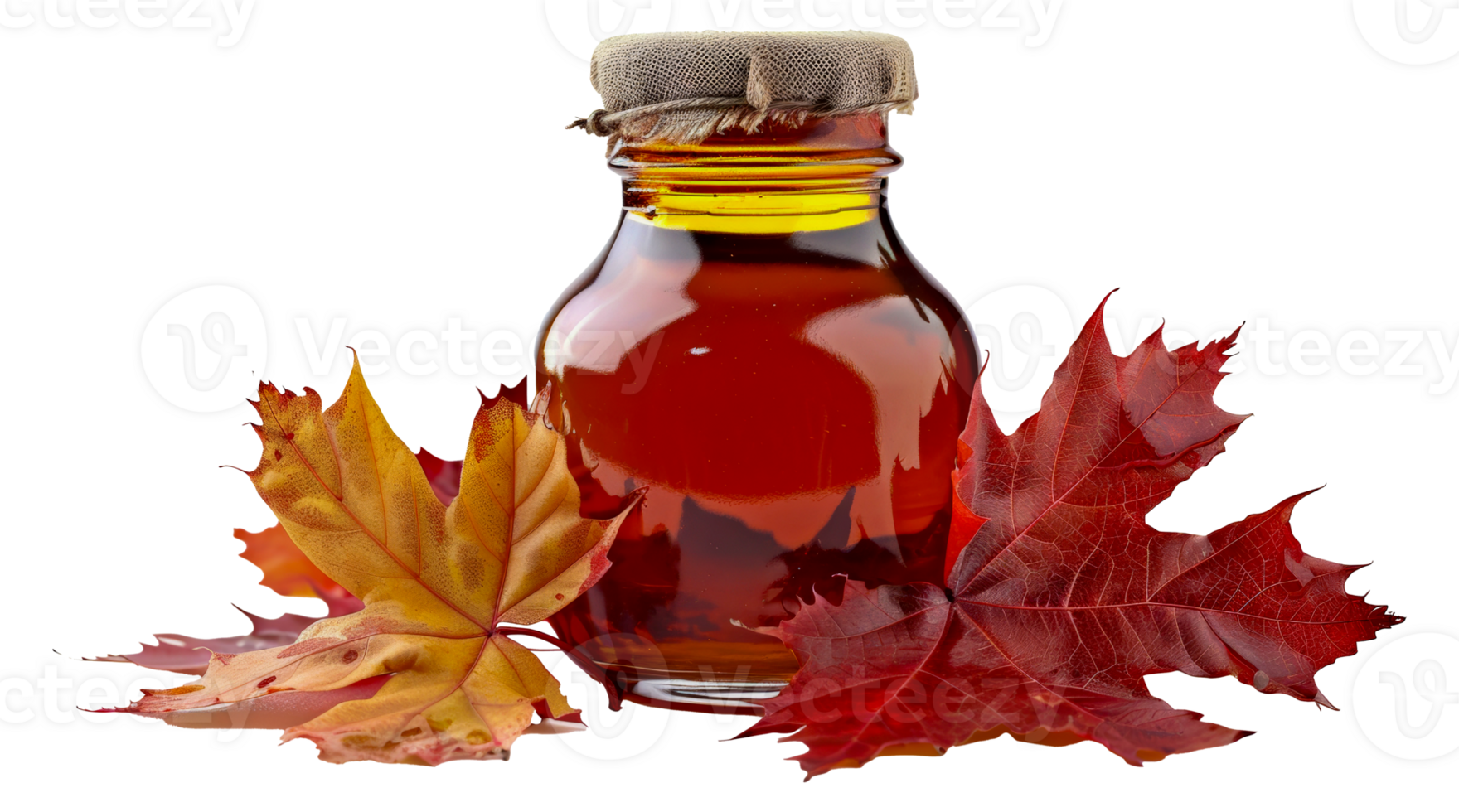 Autumn maple syrup in glass bottle with leaves, cut out - stock .. png