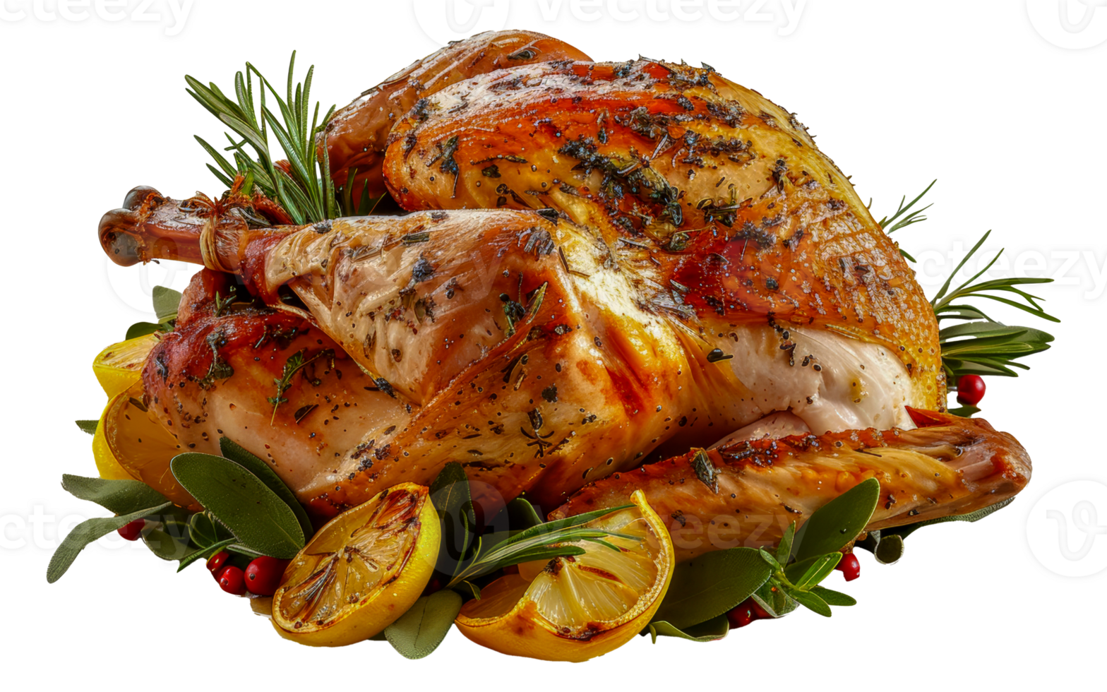 Roasted turkey with garnish for Thanksgiving, cut out - stock .. png