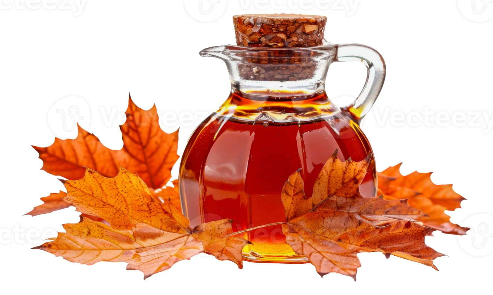 Autumn maple syrup in glass bottle with leaves, cut out - stock .. png