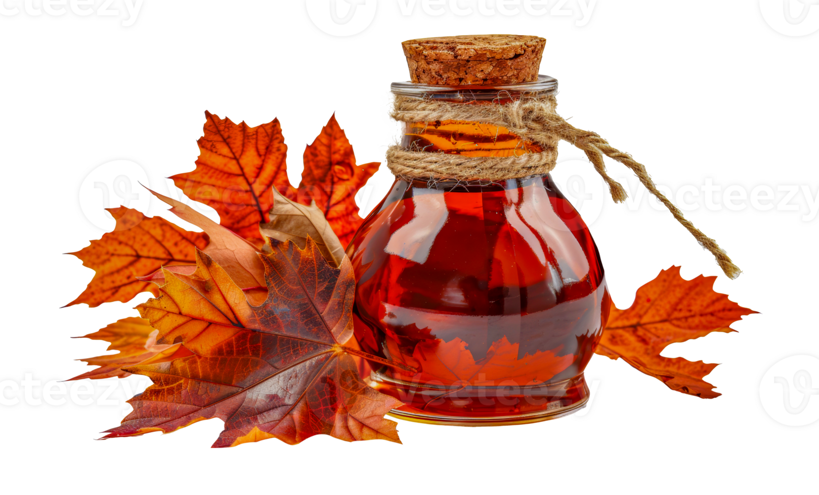 Autumn maple syrup in glass bottle with leaves, cut out - stock .. png
