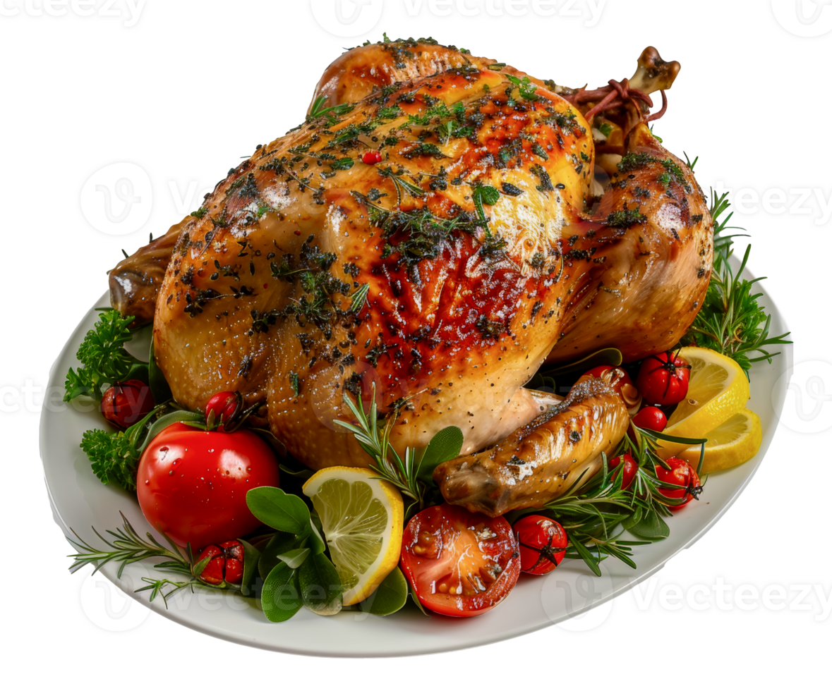 Roasted turkey with garnish for Thanksgiving, cut out - stock .. png