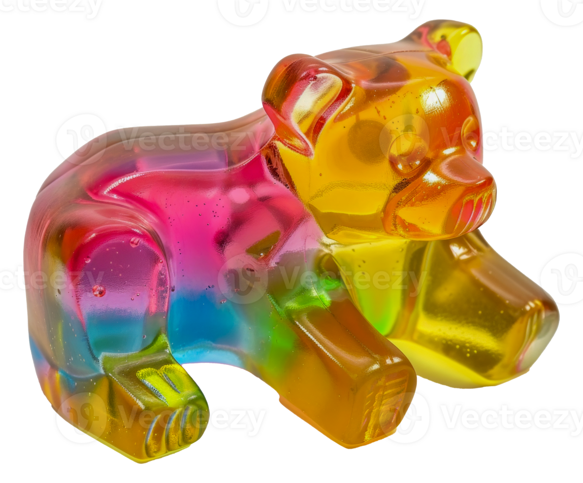 A colorful bear made of plastic is laying on its side - stock . png