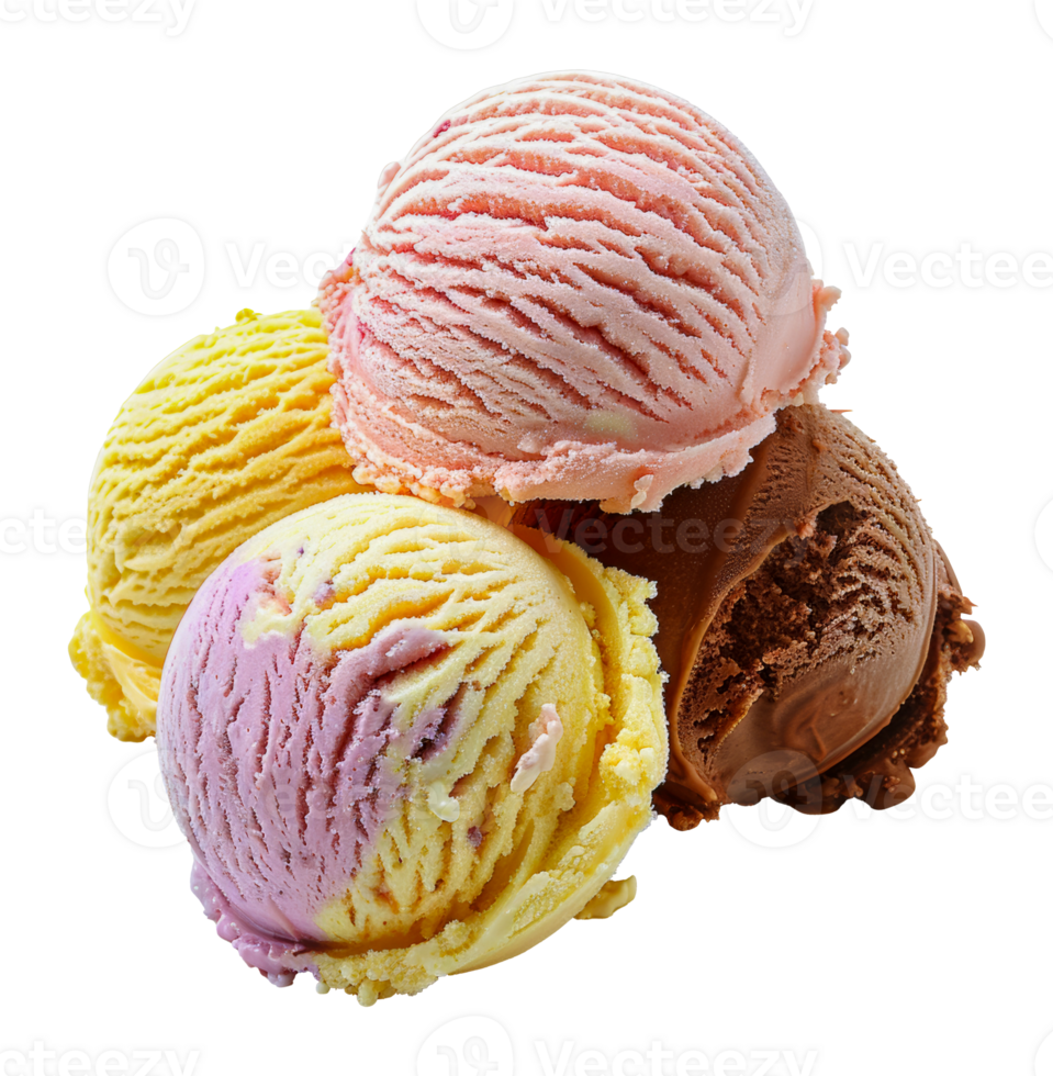 Assorted ice cream scoops of different flavors, cut out - stock .. png