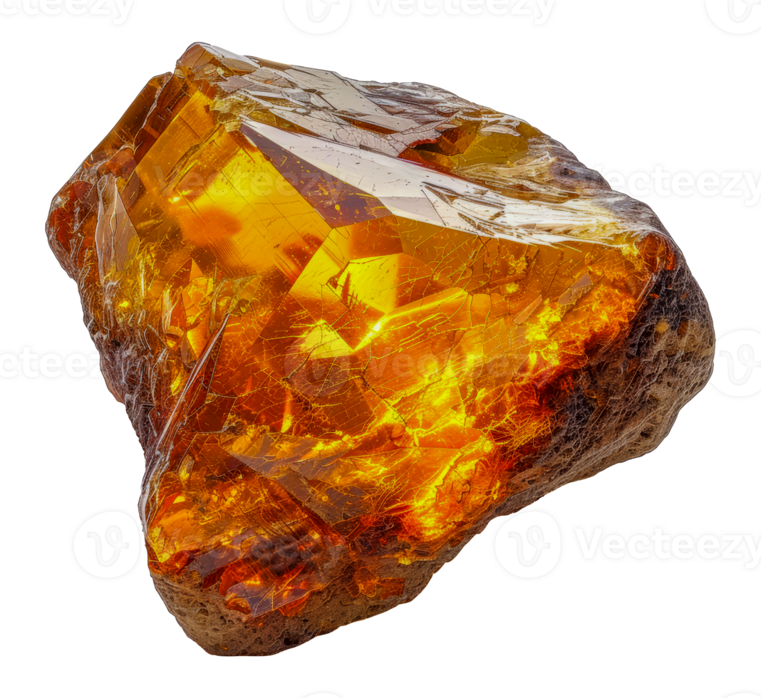 Brilliant amber gemstone with natural inclusions and light refractions, cut out - stock .. png