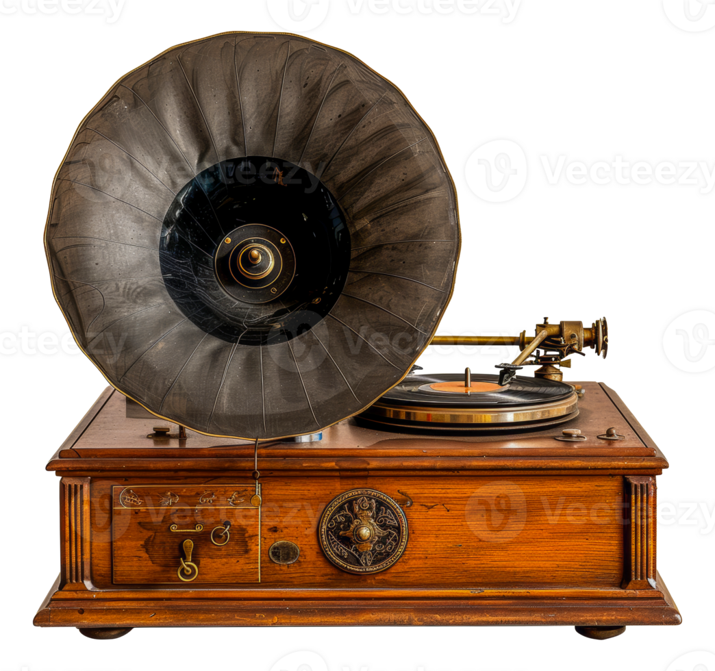 Antique gramophone with brass horn on a vintage wooden base, cut out - stock .. png
