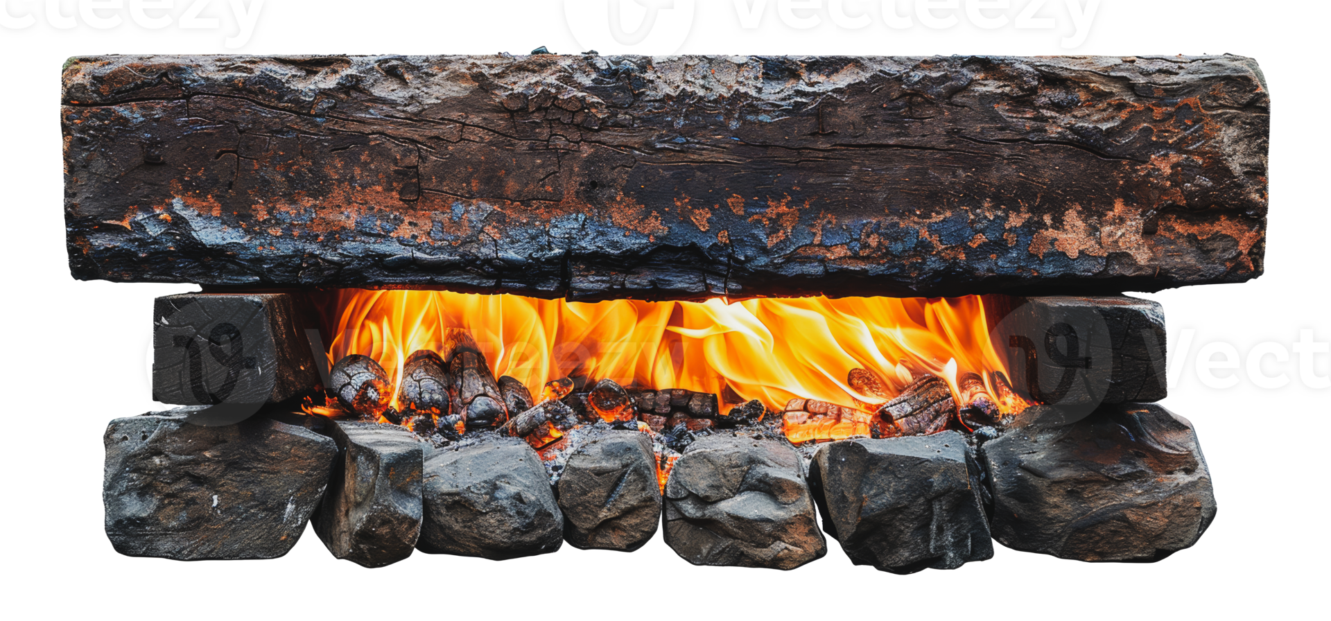 Burning logs in a fireplace setup, cut out - stock .. png