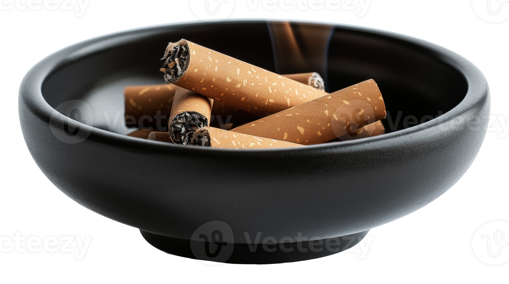 nero ceramica portacenere pieno con sigaretta mozziconi, tagliare su - azione .. png