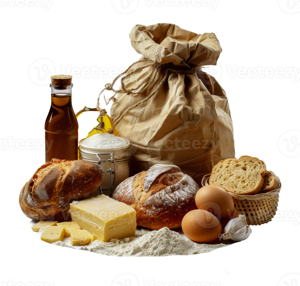 Assorted baking ingredients with flour, eggs, and spices, cut out - stock .. png