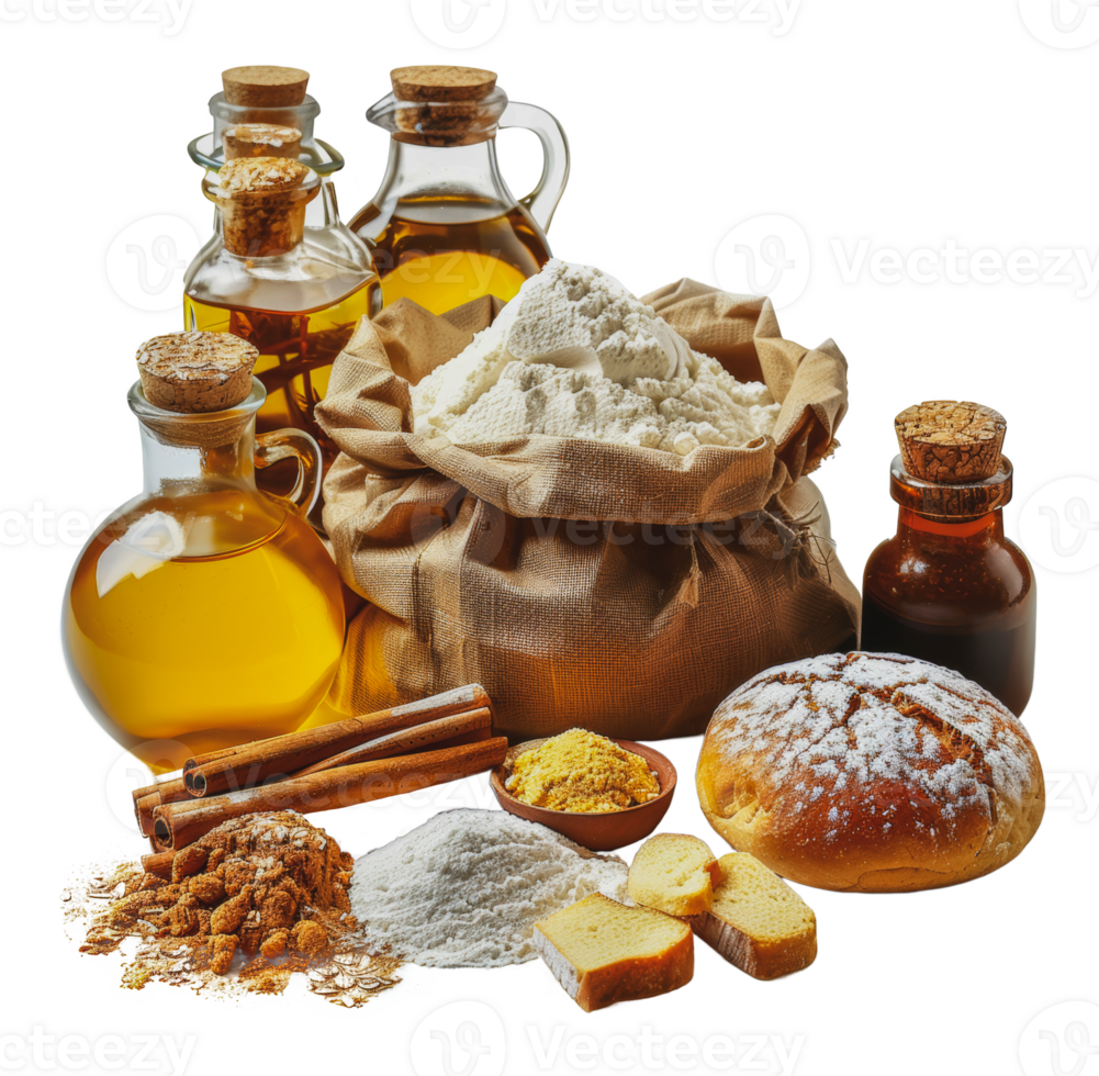 Assorted baking ingredients with flour, eggs, and spices, cut out - stock .. png