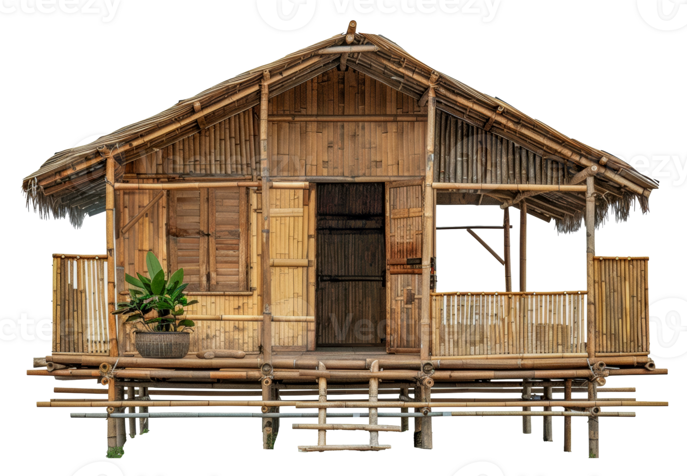 Rustic traditional bamboo house with thatched roof and wooden deck, cut out - stock . png