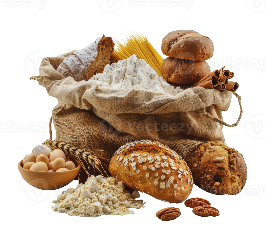 Assorted baking ingredients with flour, eggs, and spices, cut out - stock .. png