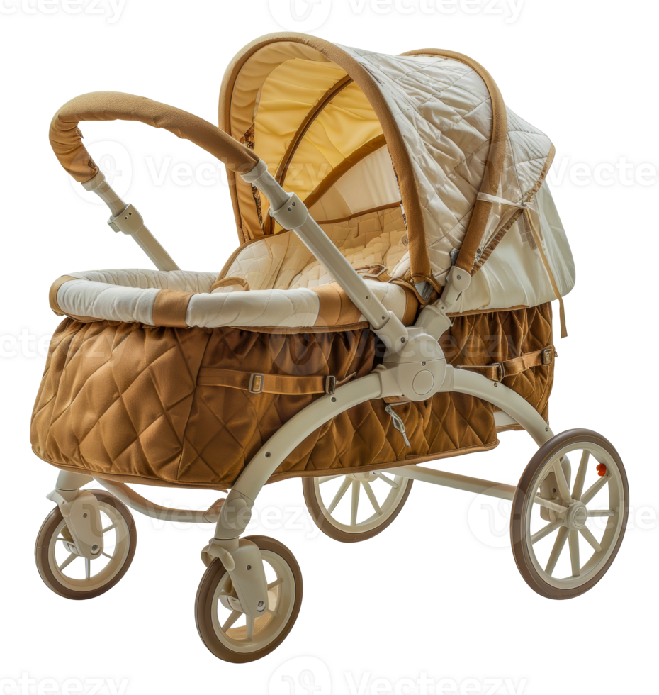 Antique wicker baby pram with lace detailing, cut out - stock . png