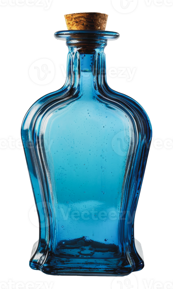 Tall blue glass bottle with cork, cut out - stock . png