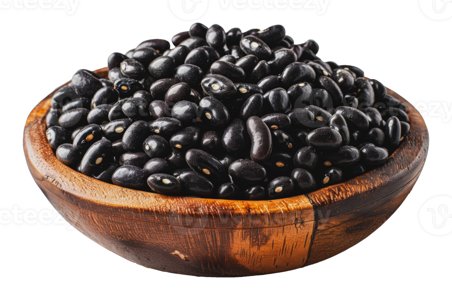 Organic black beans in a rustic wooden bowl, cut out - stock .. png
