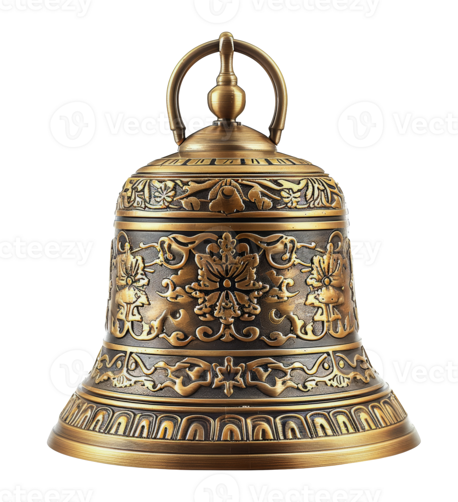 Antique brass bell with ornate decorations, cut out - stock .. png