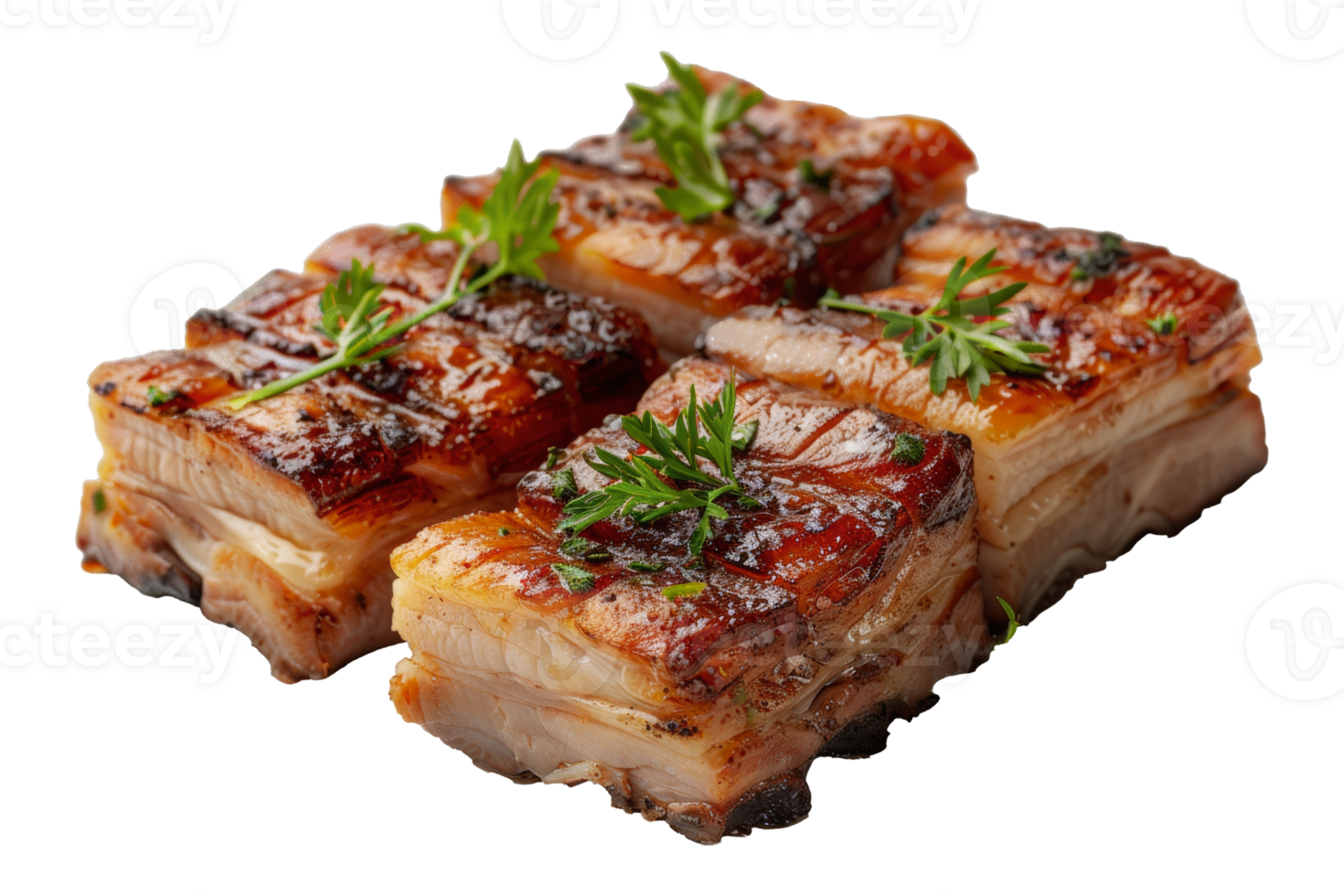 Delicious grilled pork belly slices garnished with herbs, cut out - stock .. png