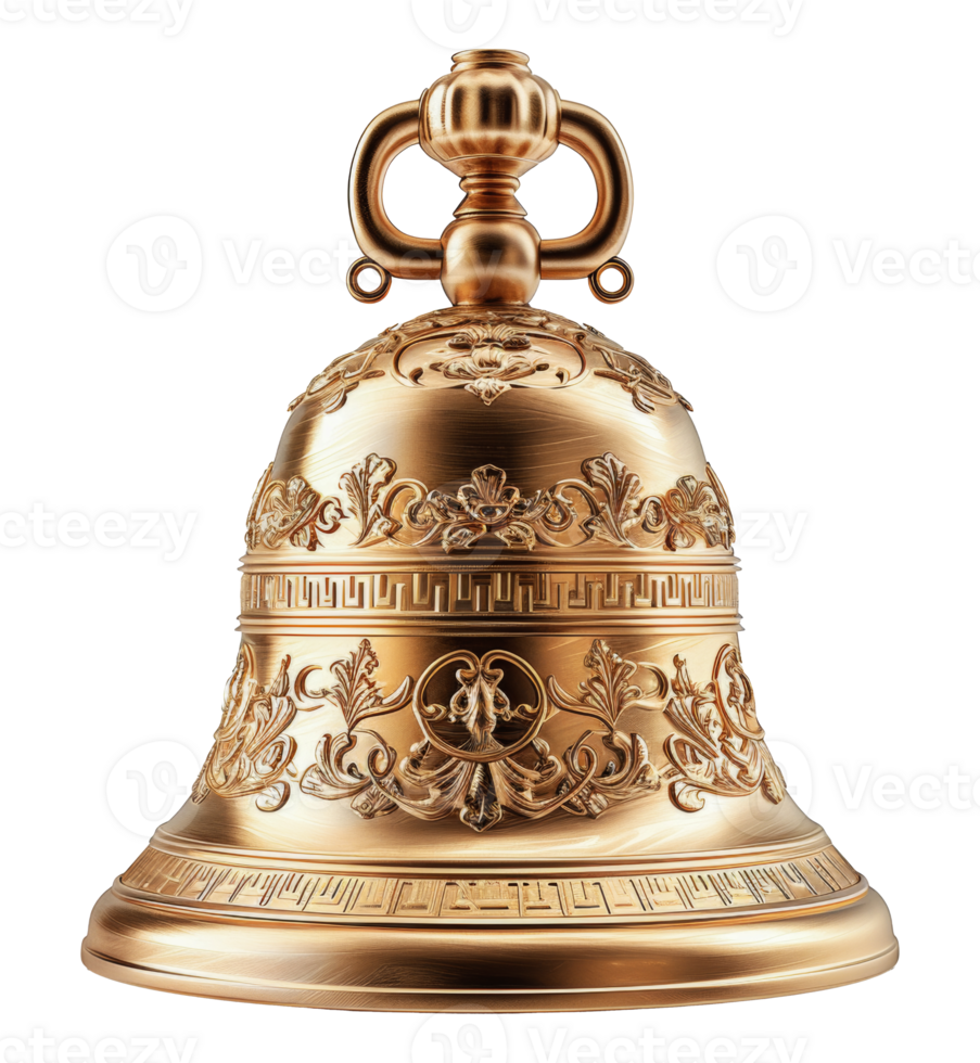 Antique brass bell with ornate decorations, cut out - stock .. png