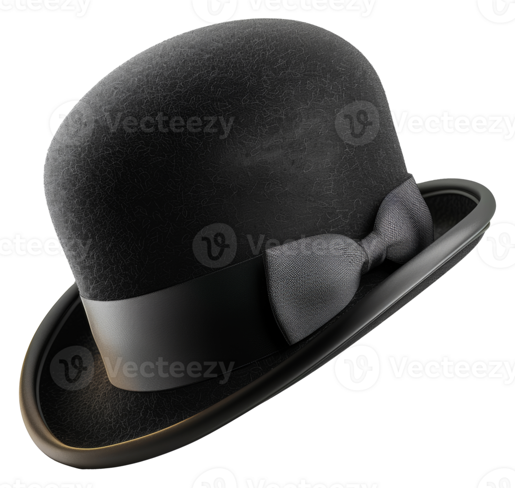 Classic black bowler hat with elegant bow ribbon, cut out - stock .. png