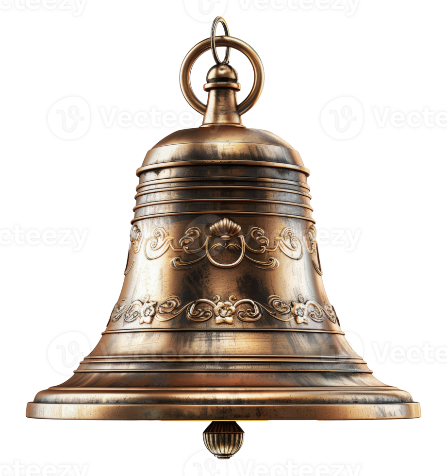 Antique brass bell with ornate decorations, cut out - stock .. png