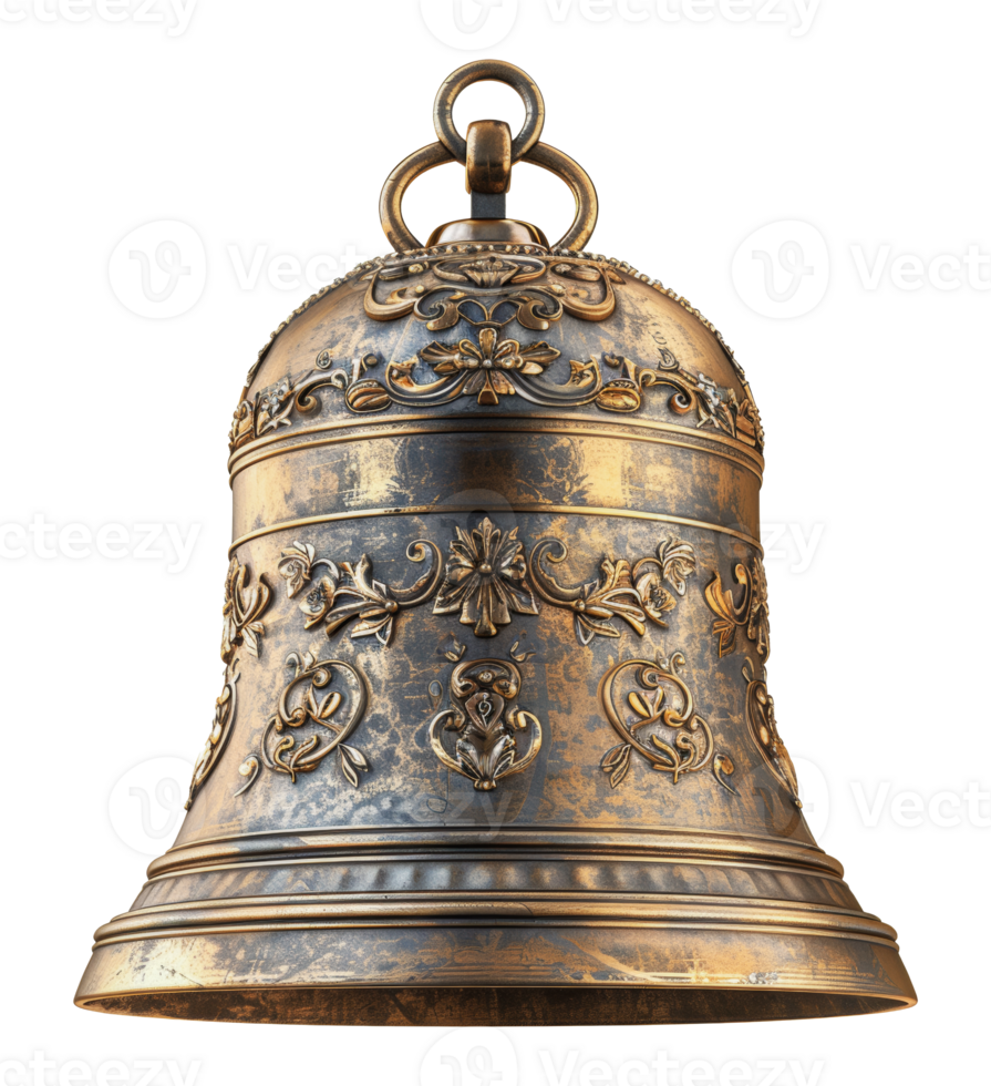 Antique brass bell with ornate decorations, cut out - stock .. png