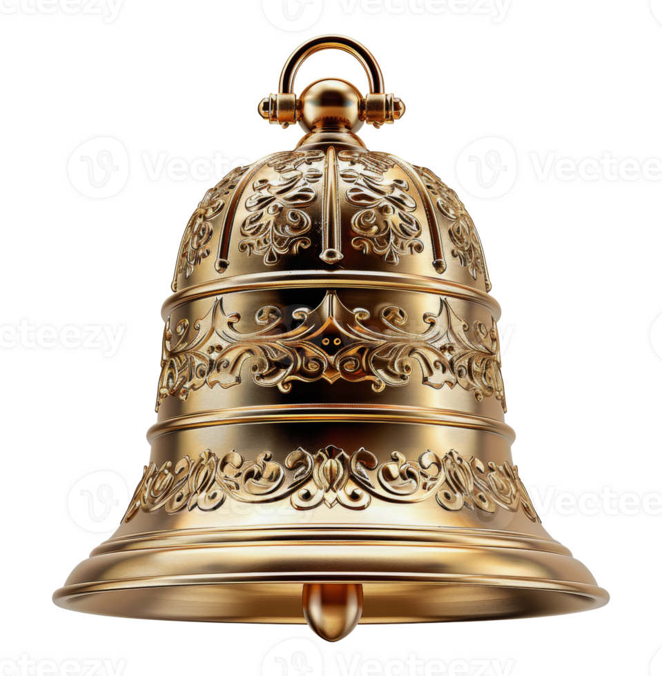 Antique brass bell with ornate decorations, cut out - stock .. png