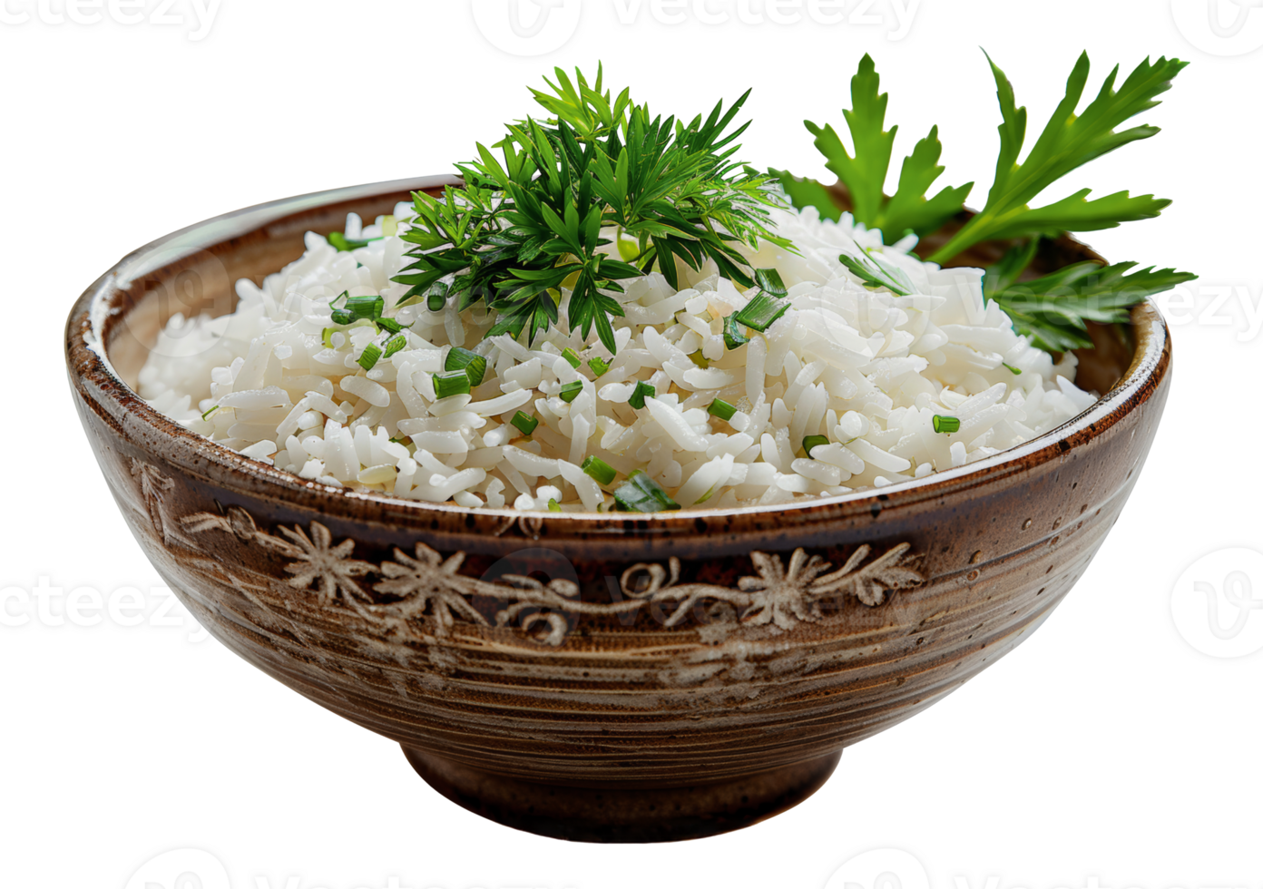 Steamed white rice served in a natural ceramic bowl, cut out - stock .. png