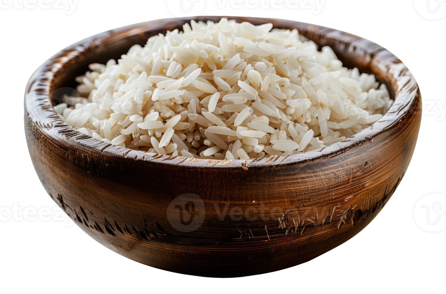 Steamed white rice served in a natural ceramic bowl, cut out - stock .. png