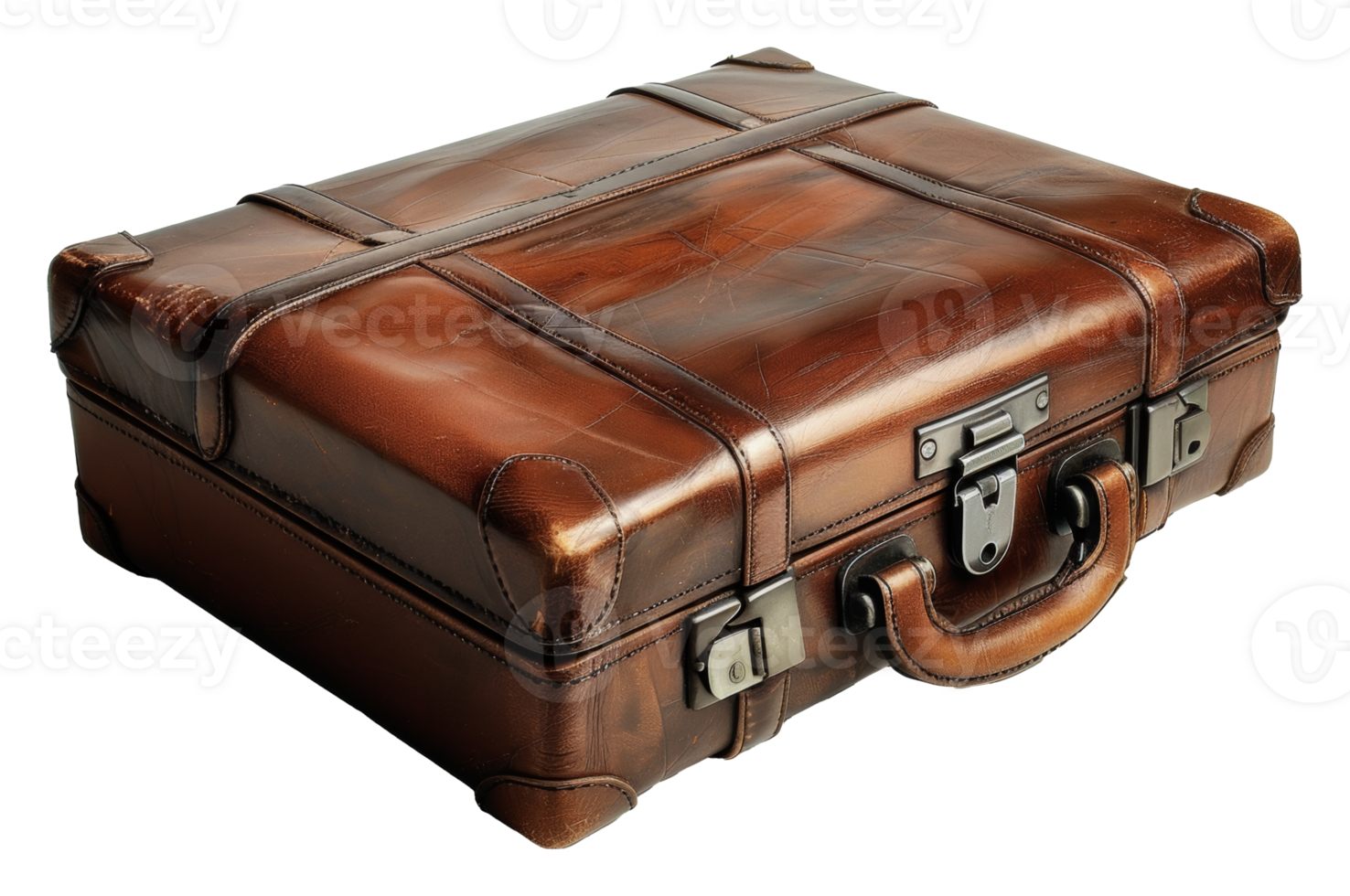 Classic polished brown leather suitcase, cut out - stock . png