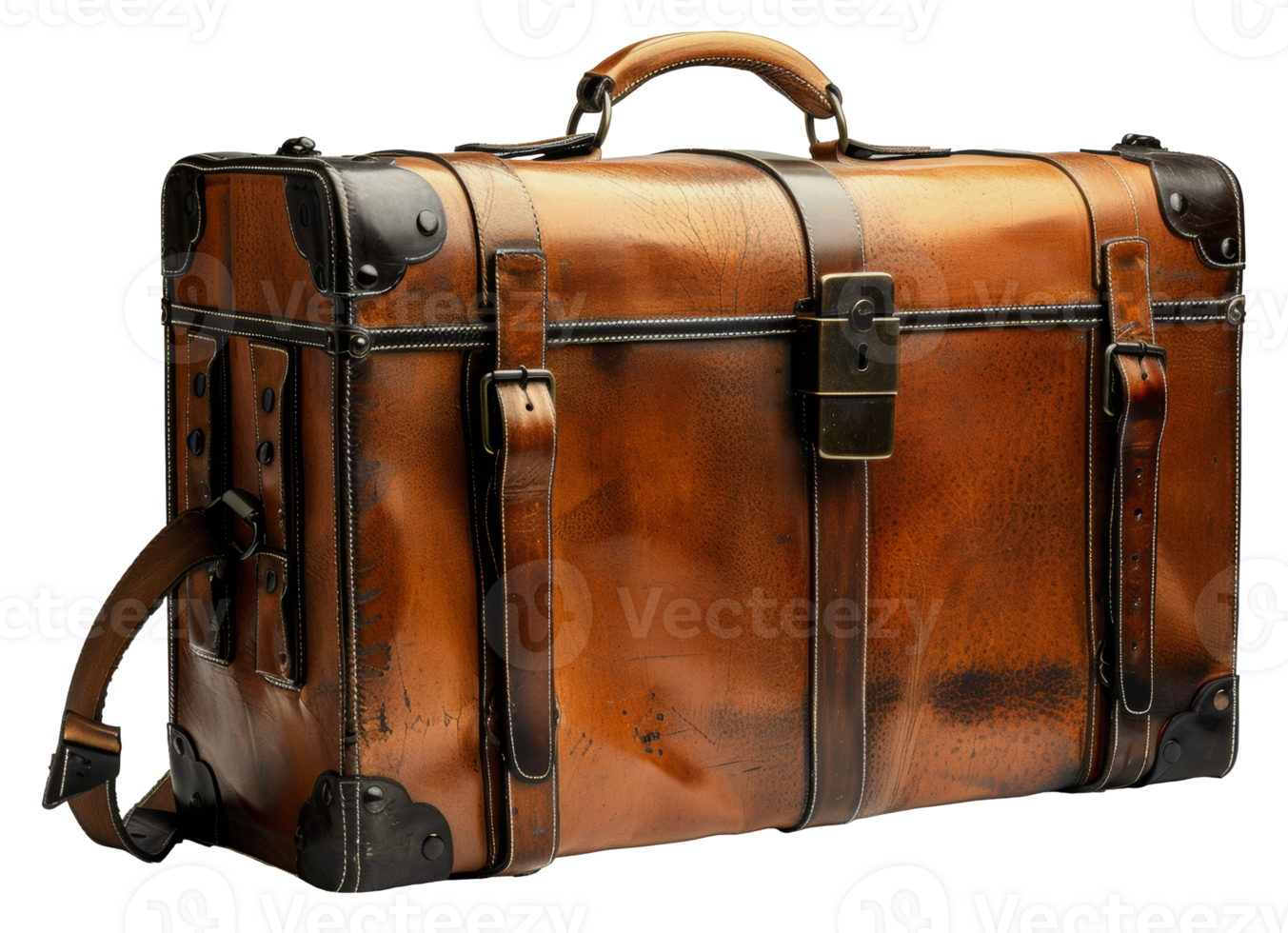 Luxury brown leather travel bag with detailed stitching, cut out - stock .. png
